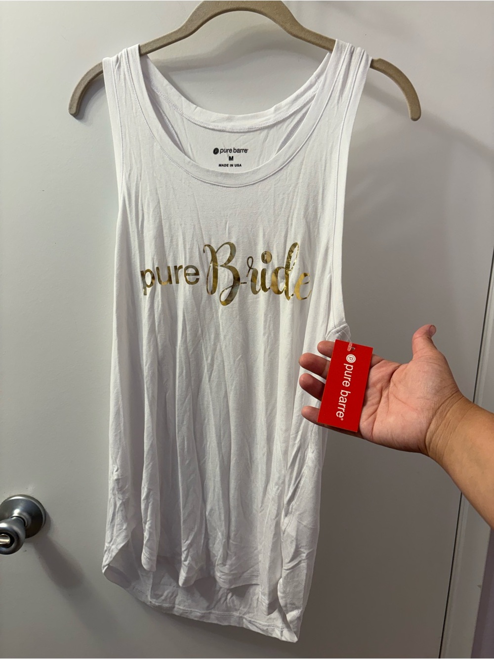 Pure Barre 'Pure Bride' White Tank with Gold Foil Logo NWT PTP 20-26/L 29 Medium